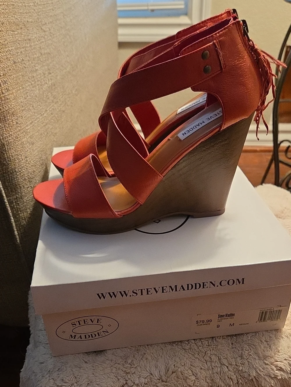Steve Madden Red Strappy Wedge Sandals with Tassel